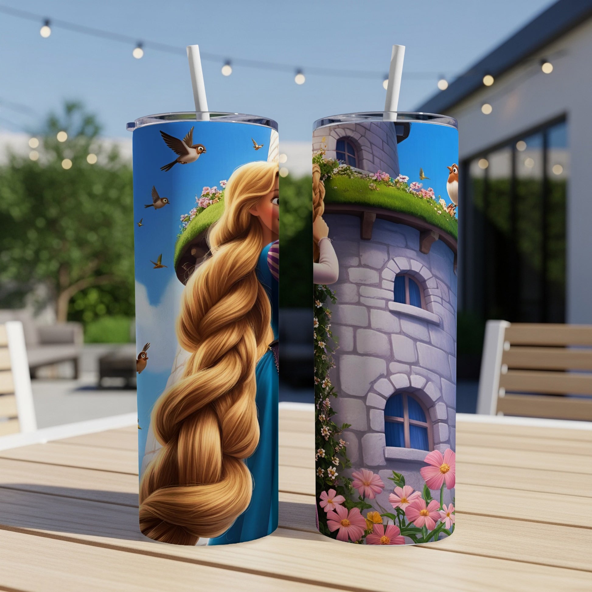 Tangled Rapunzel with tower and birds on insulated tumbler.