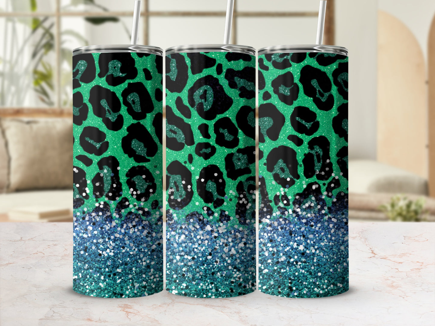 Green Leopard Glitter Design Tumbler Drinkware