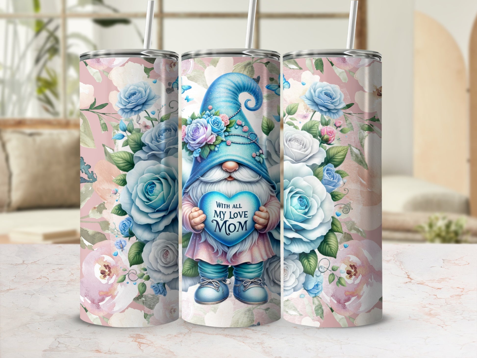 Floral Gnome Mom Love Artwork Tall Tumbler Gift Idea