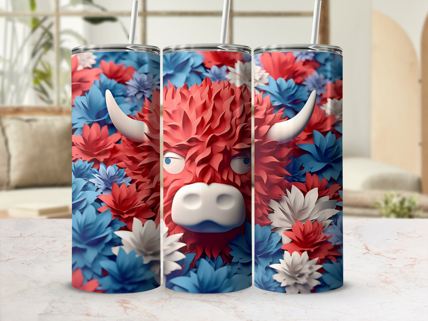 Tumbler with red, white, and blue floral pattern and a Highland cow.