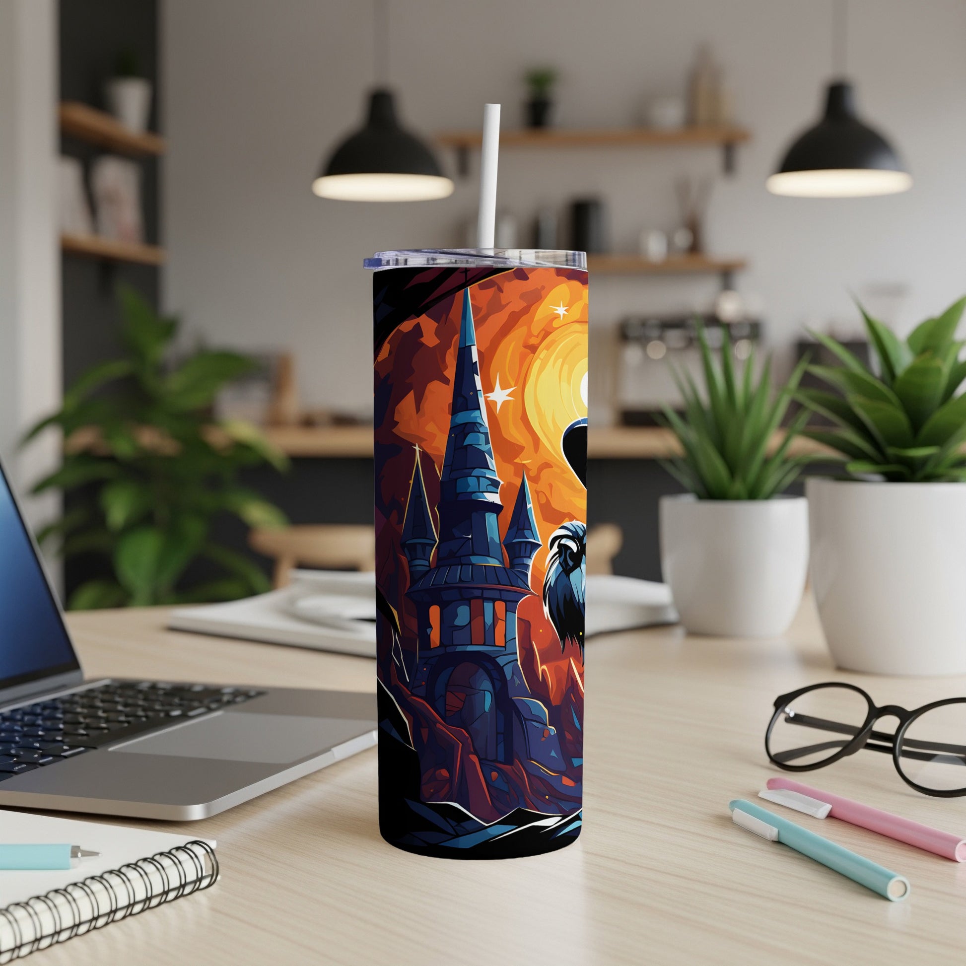 Tall tumbler with a gothic castle and moon illustration on a dark, starry background.