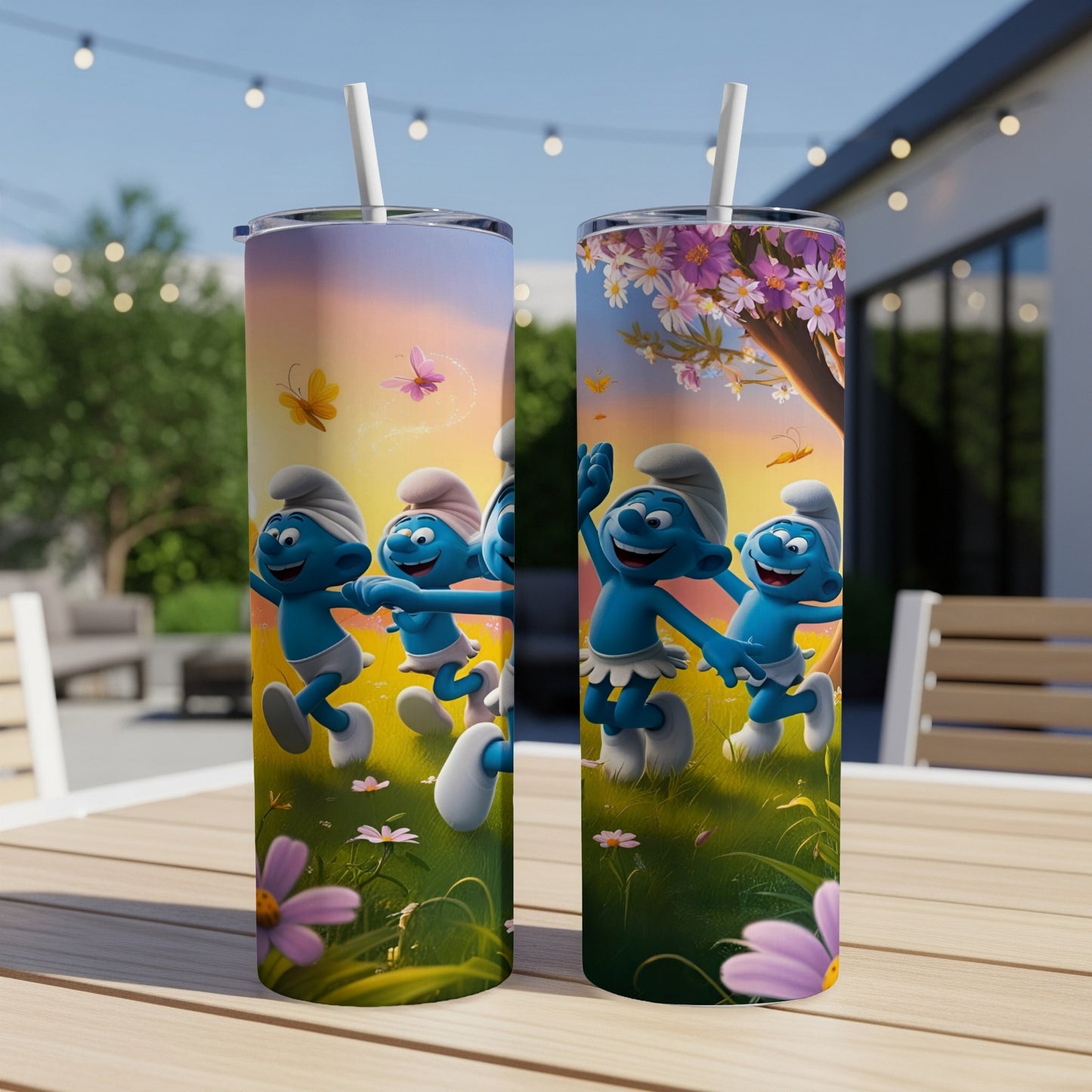 Two tall tumblers with Smurfs dancing in a grassy field with flowers.