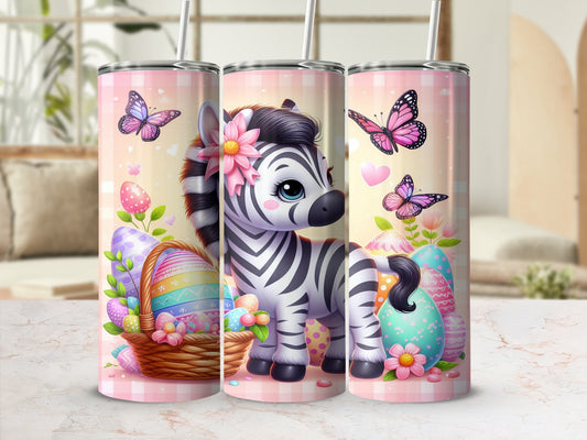 Zebra with Easter eggs and butterflies on a pink checkered background.