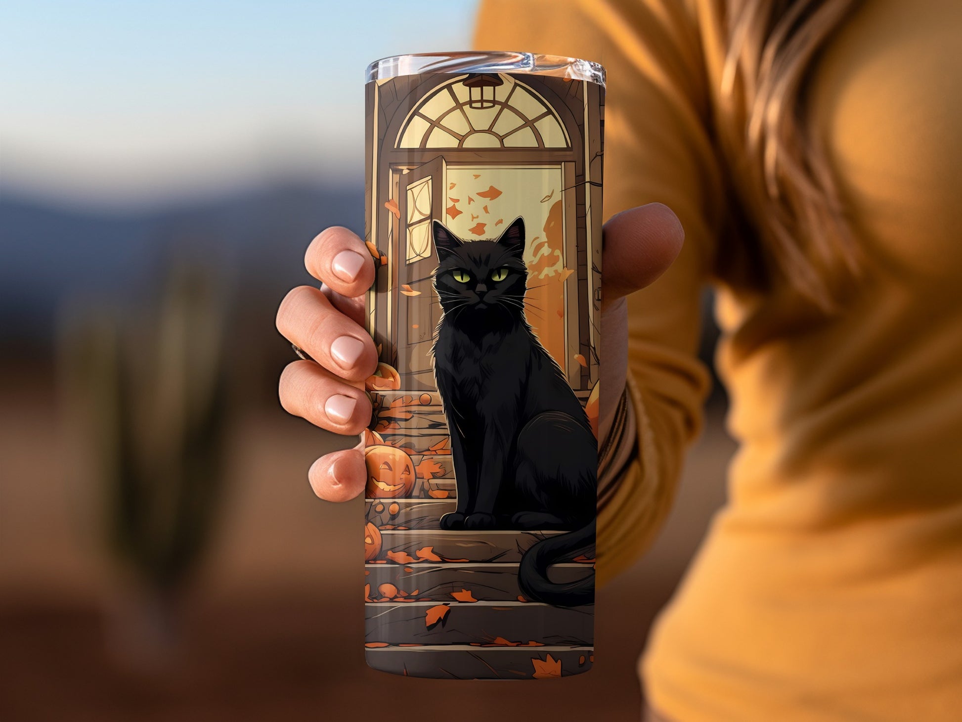 Black Cat and Pumpkin Design Halloween Tumbler
