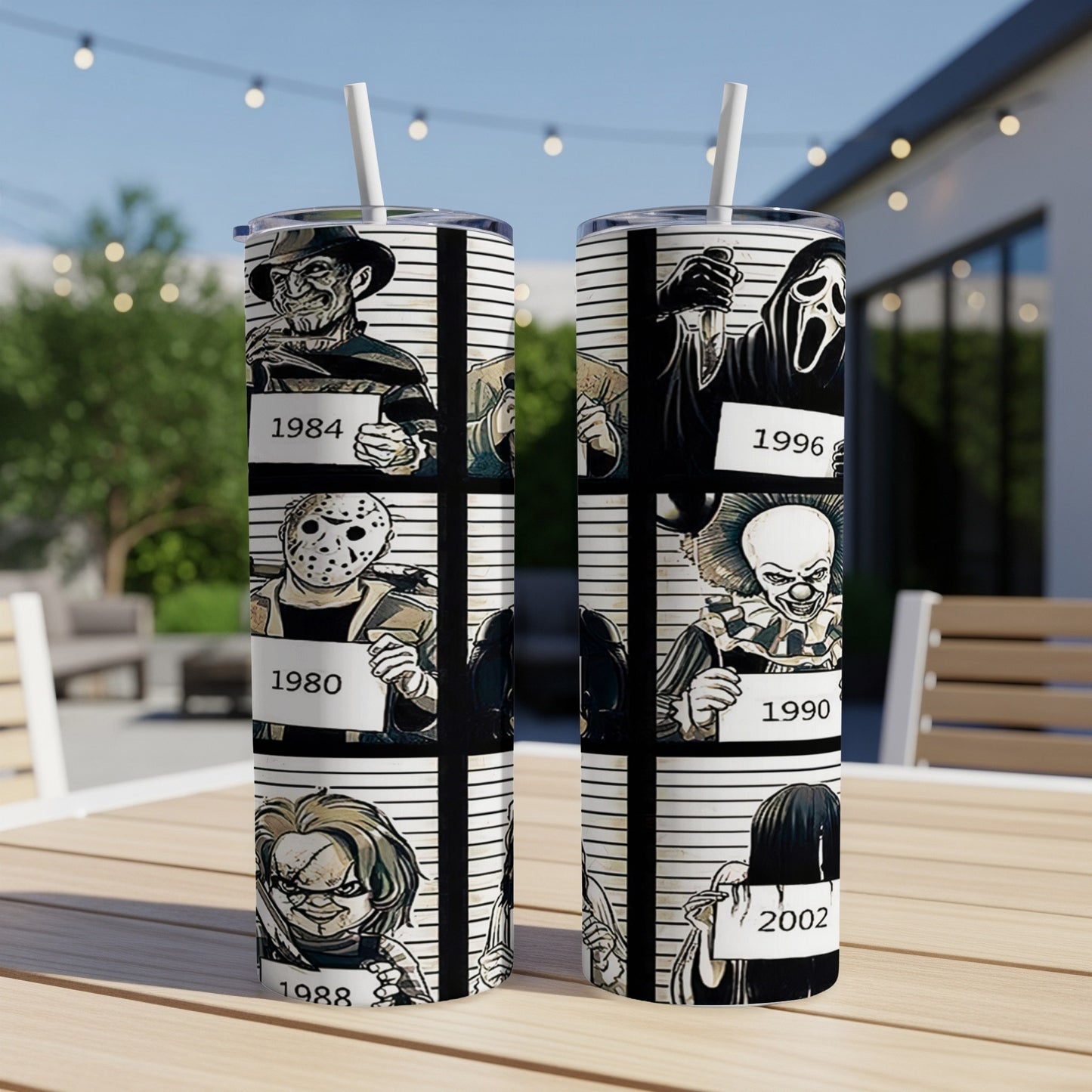 Tumblers featuring horror movie characters in mugshot style with years.