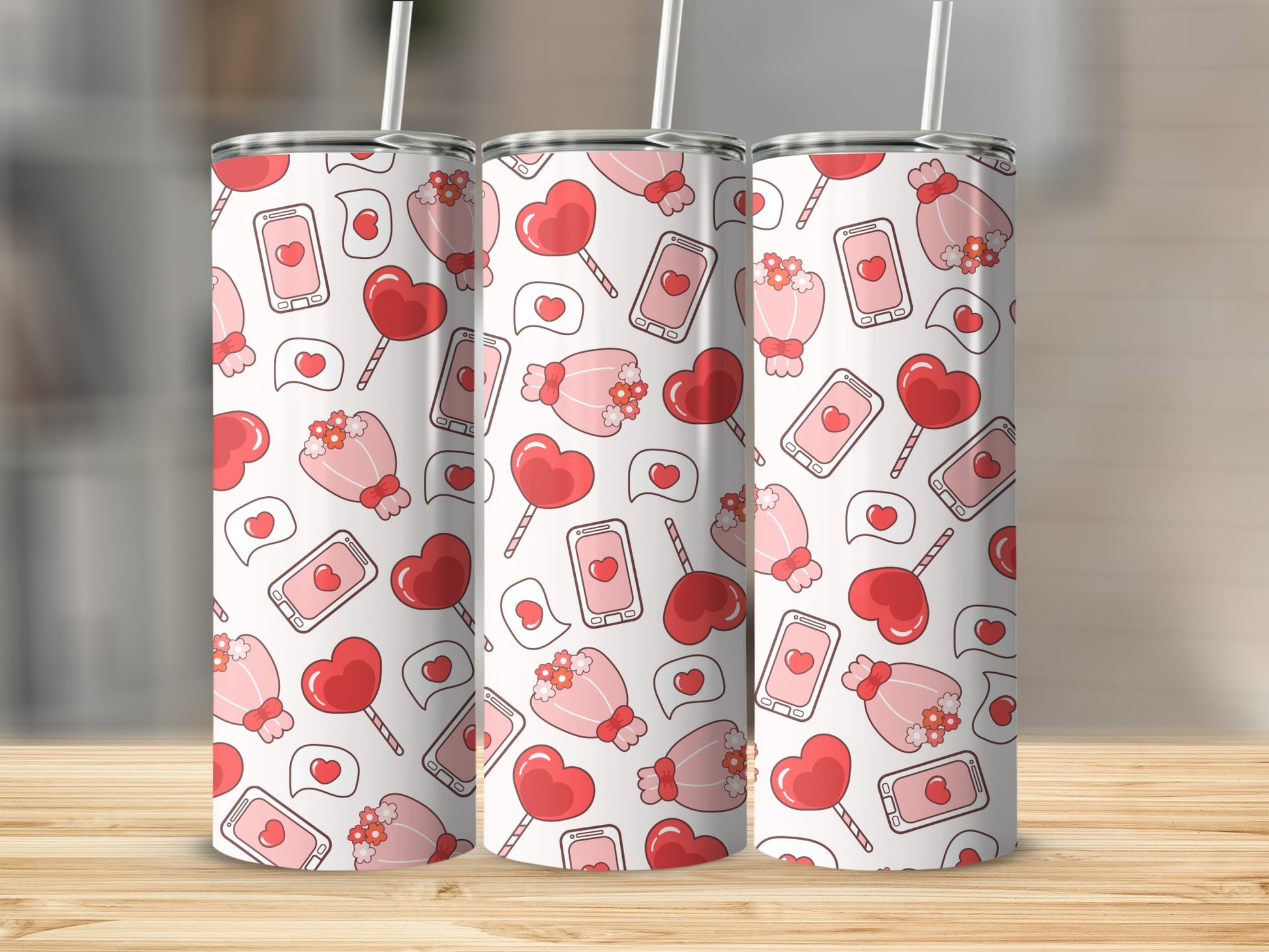 Cute Red Heart and Phone Pattern Insulated Tumbler
