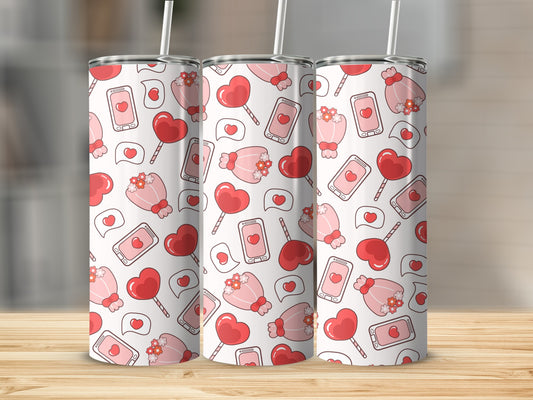 Cute Red Heart and Phone Pattern Insulated Tumbler