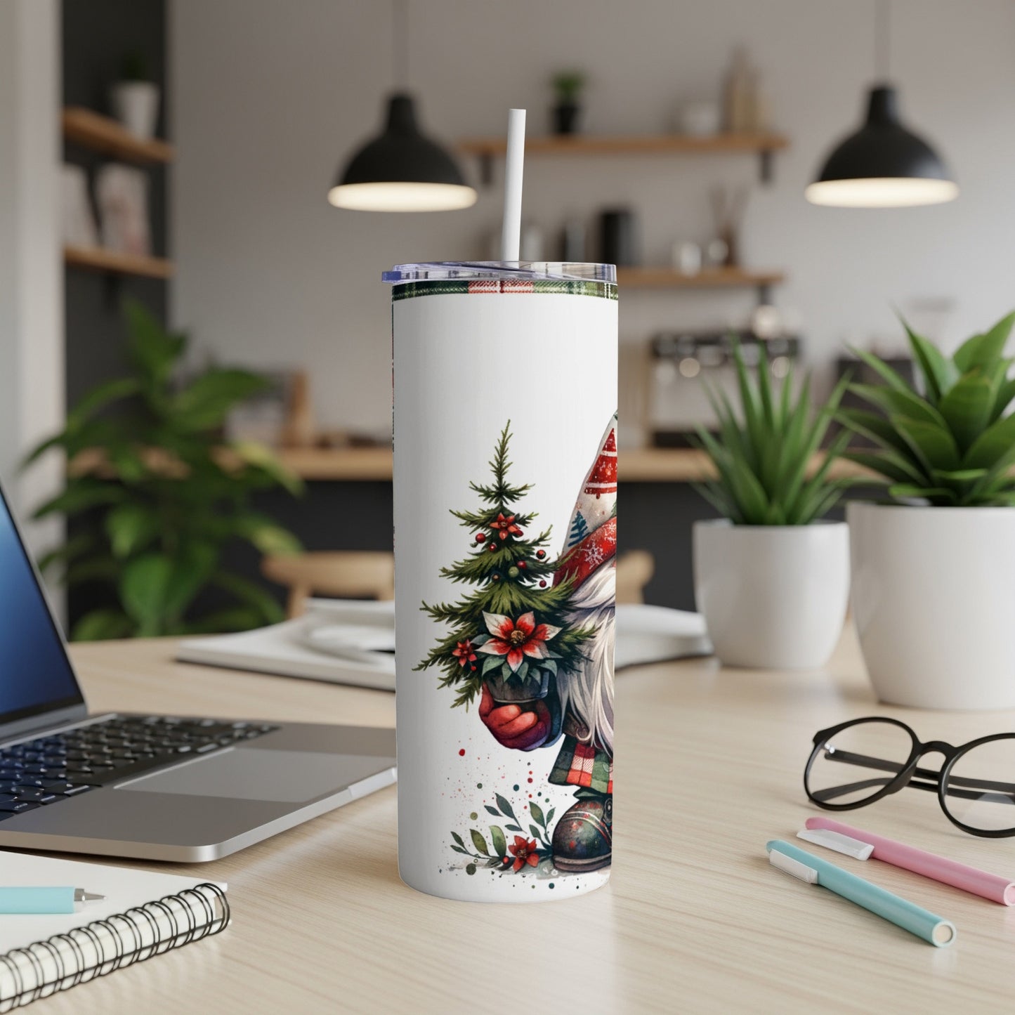 Christmas gnome with tree design on a white tumbler with straw.