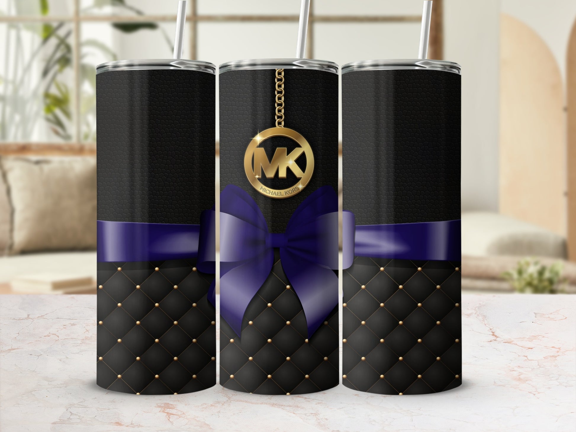 Elegant Black Tumbler with Purple Bow and Gold Accents