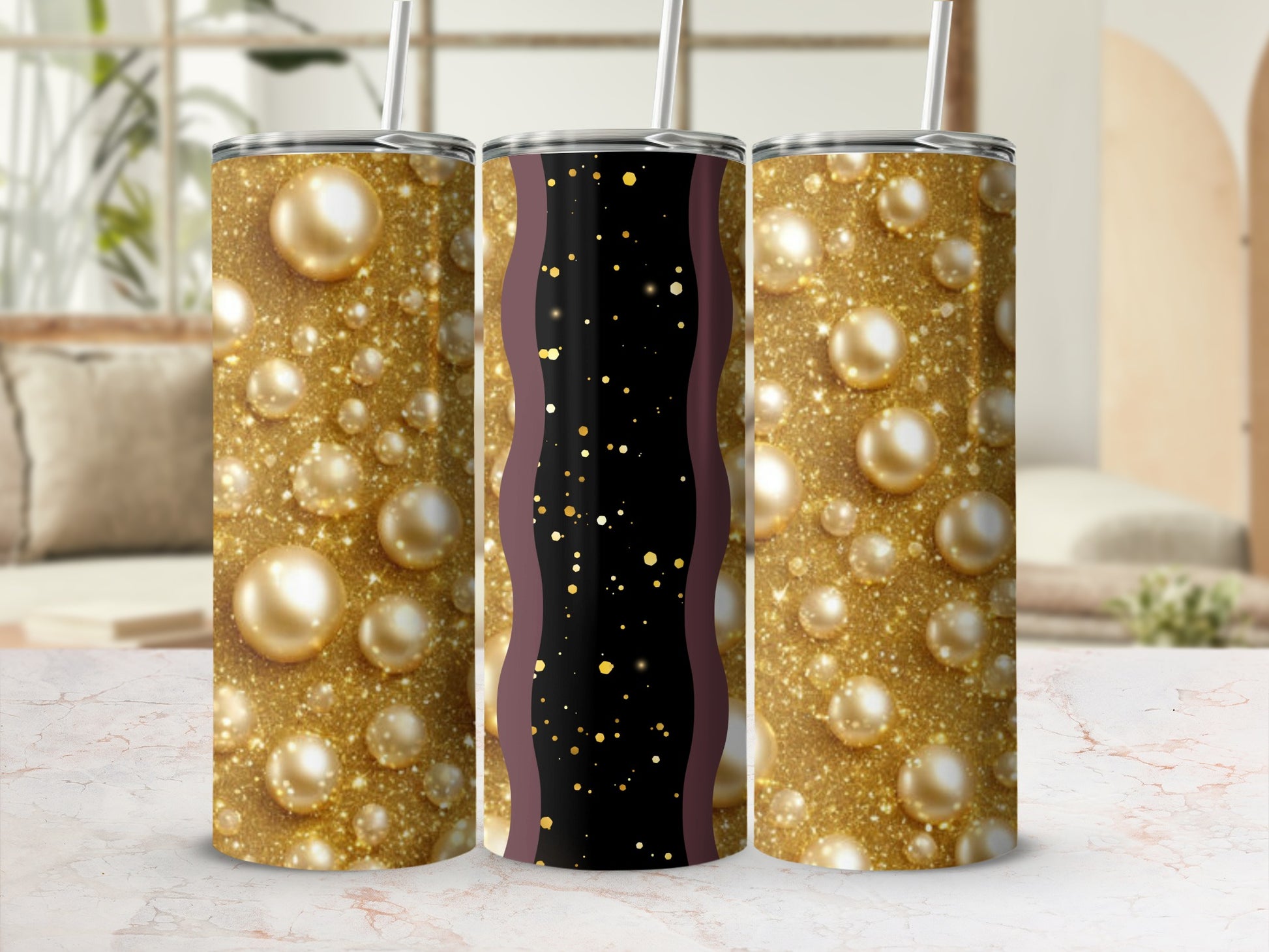 Gold glitter and pearl-like spheres pattern on a skinny tumbler with brown and gold accents.