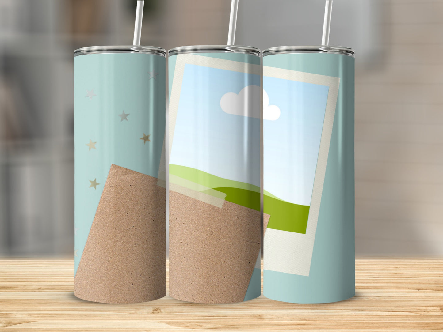 Three teal tumblers with straws, two with star pattern, one with landscape photo.