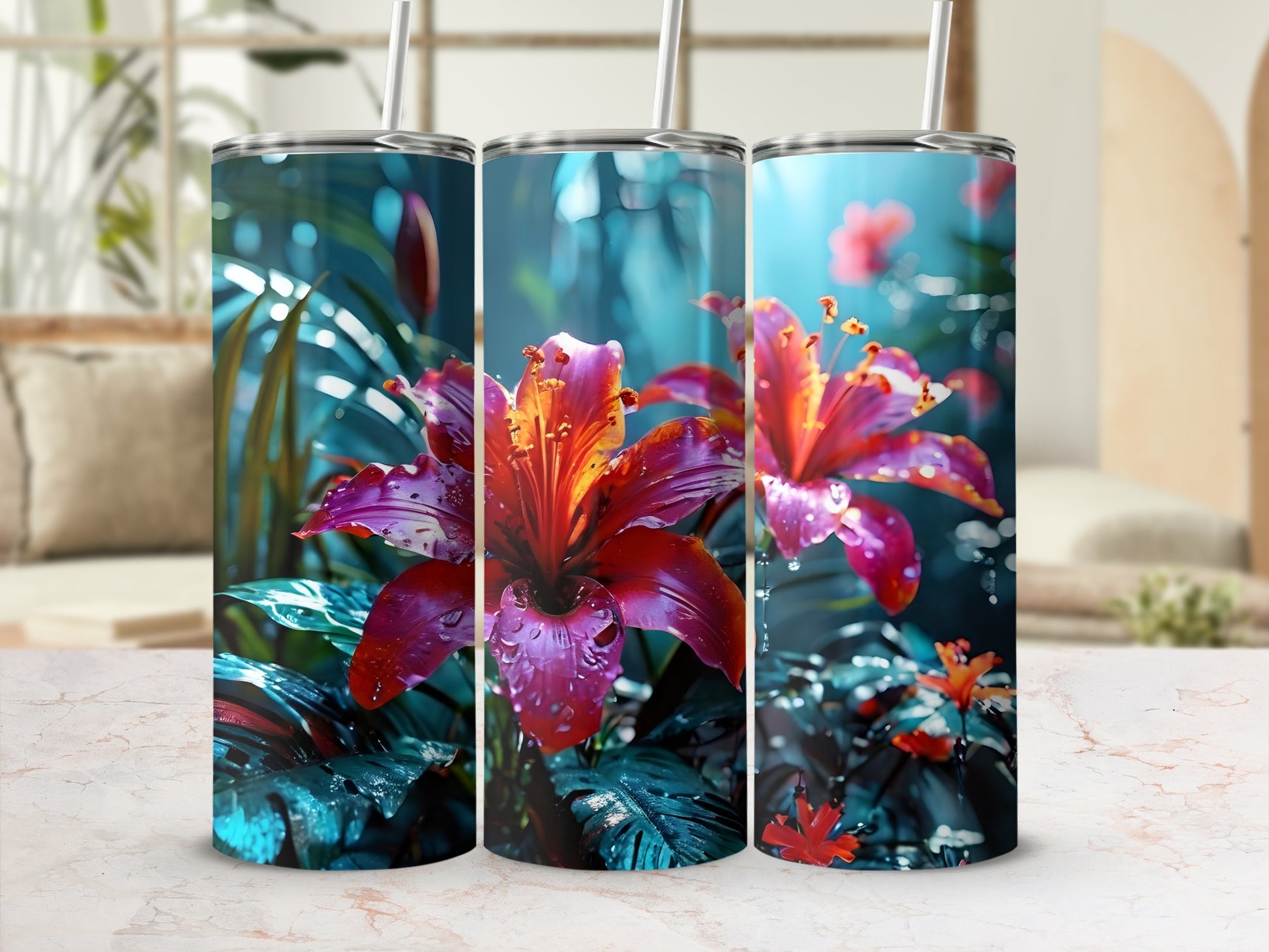 Three tumblers featuring vibrant red lilies with water droplets and lush green foliage.