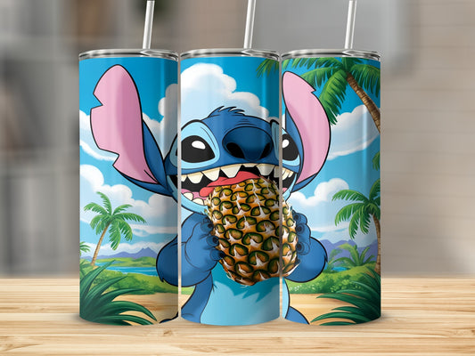 Stitch character eating a pineapple with palm trees and beach background.