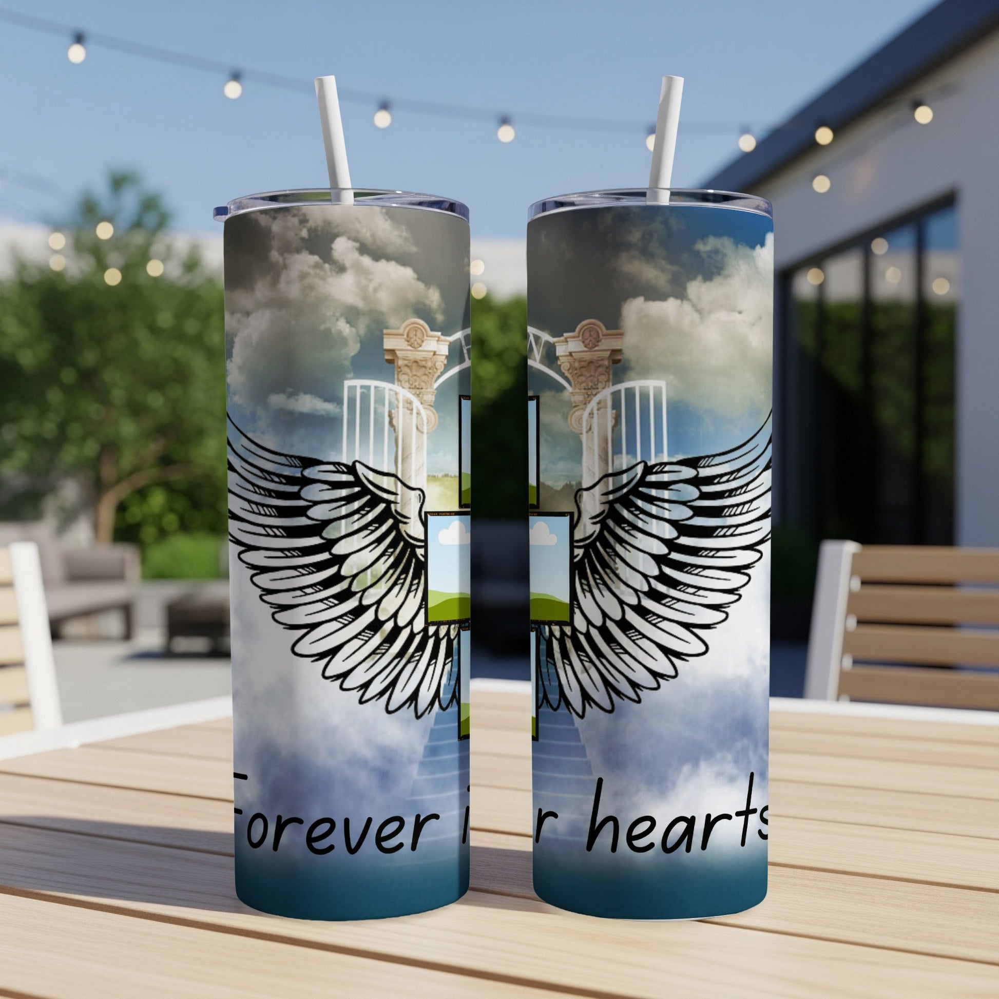 Two tumblers display angel wings, a gate, and the text "Forever in our hearts."