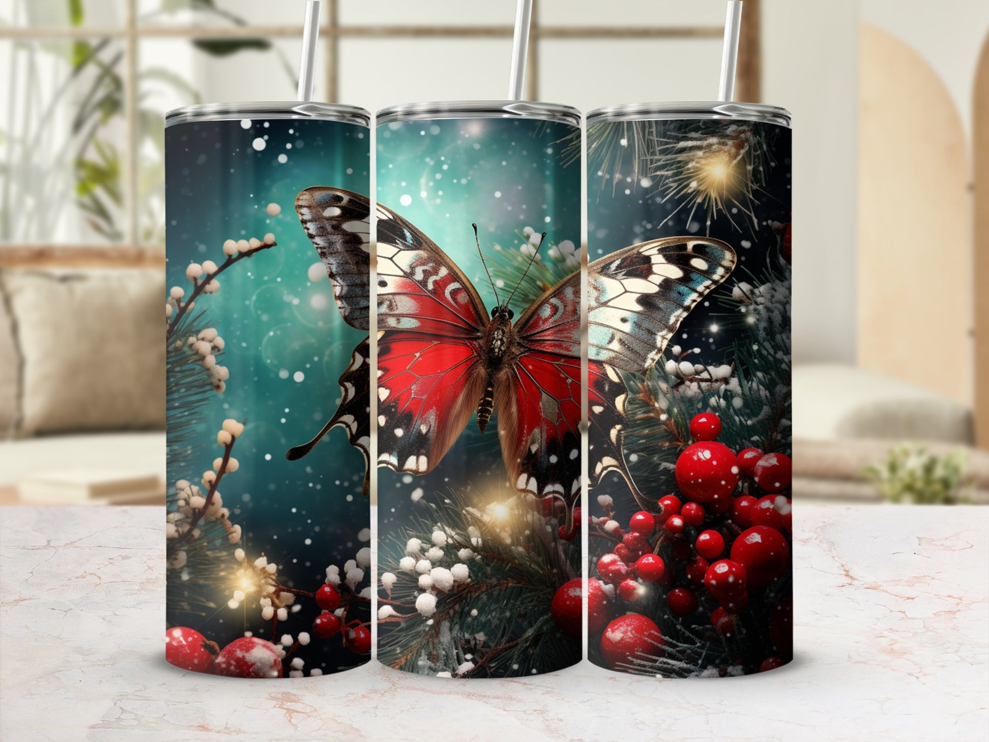 Tumbler with red butterfly and festive winter berries and pine branches.