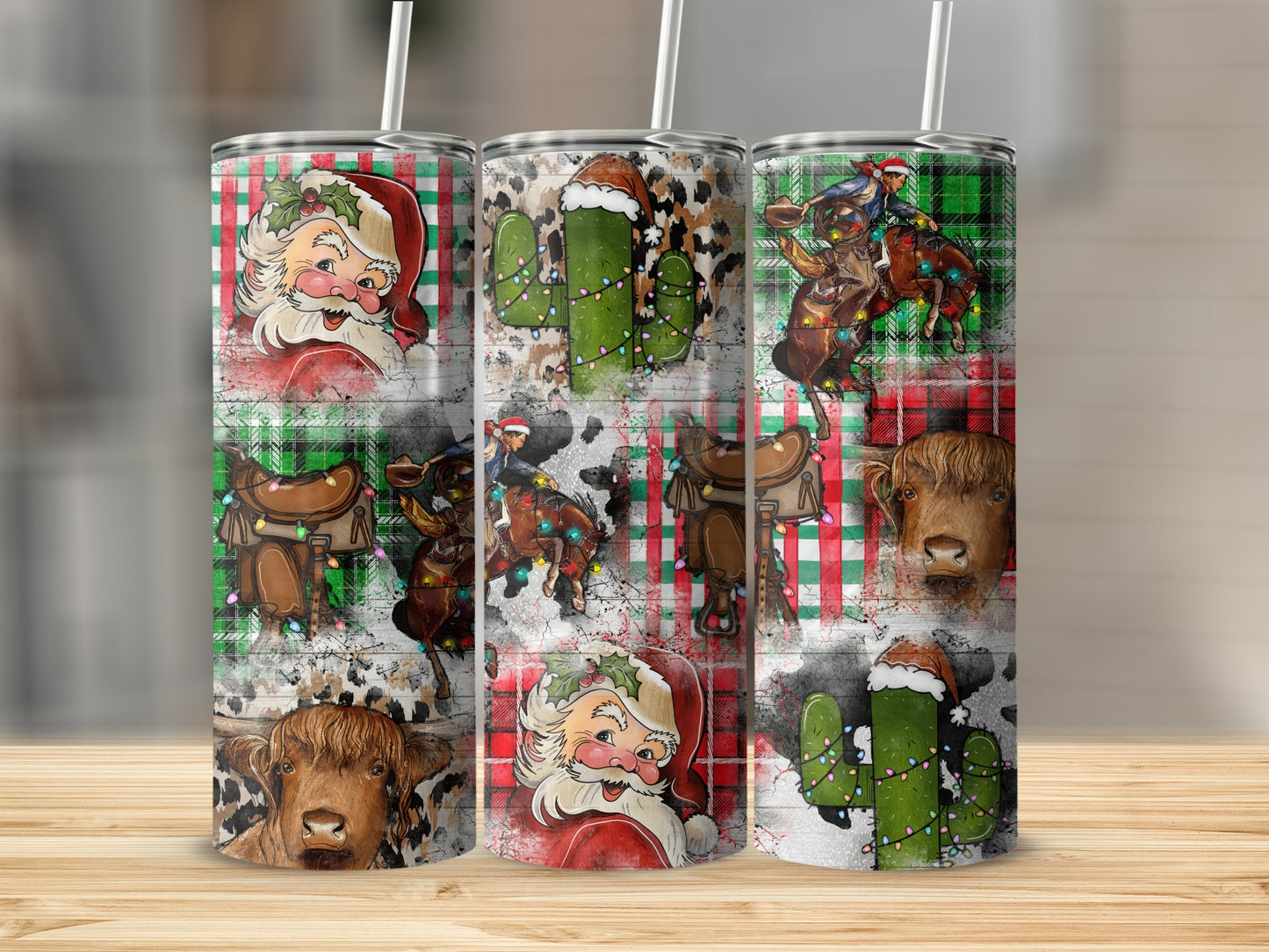Christmas-themed tumblers with Santa, cows, horses, and cacti.