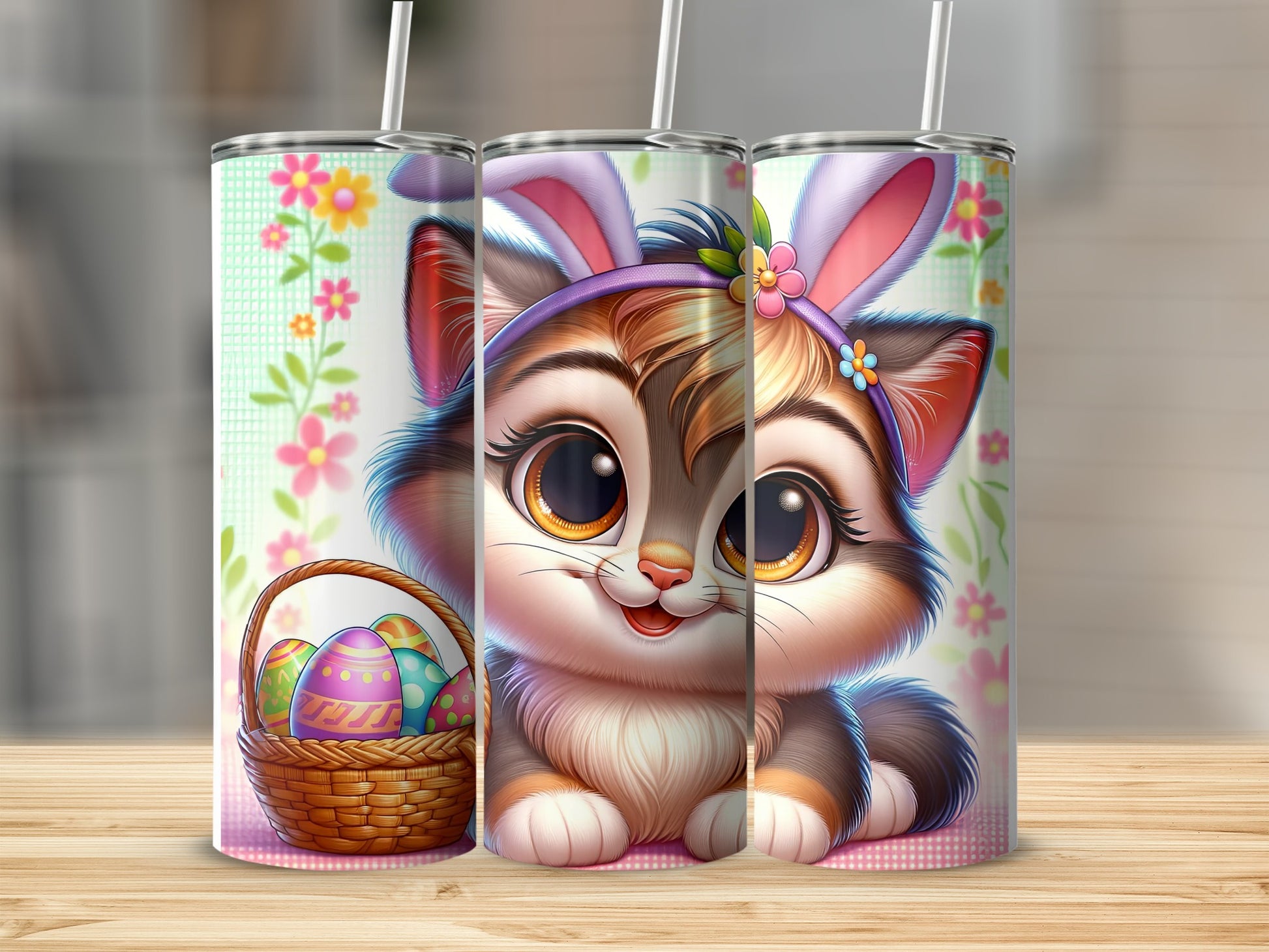 Cute cartoon kitten with Easter basket and bunny ears.
