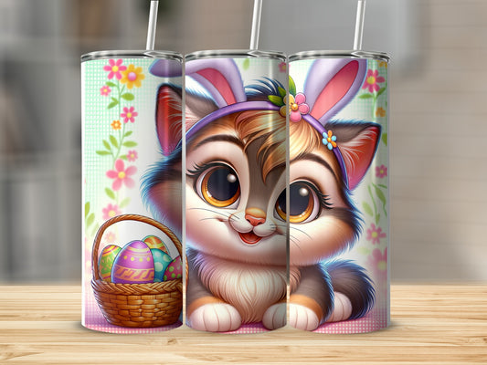Cute cartoon kitten with Easter basket and bunny ears.