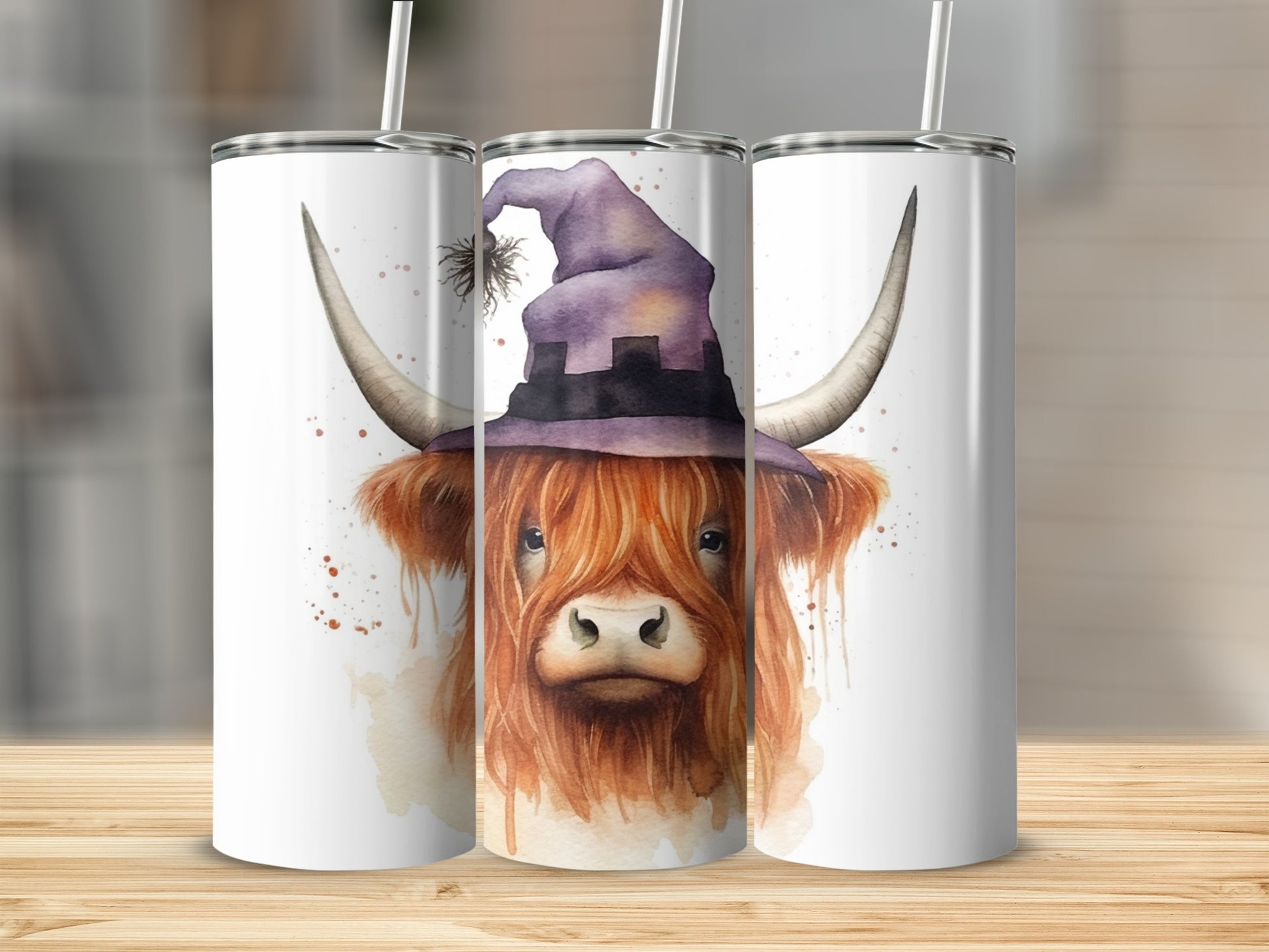 Highland cow wearing a purple witch hat, watercolor style.
