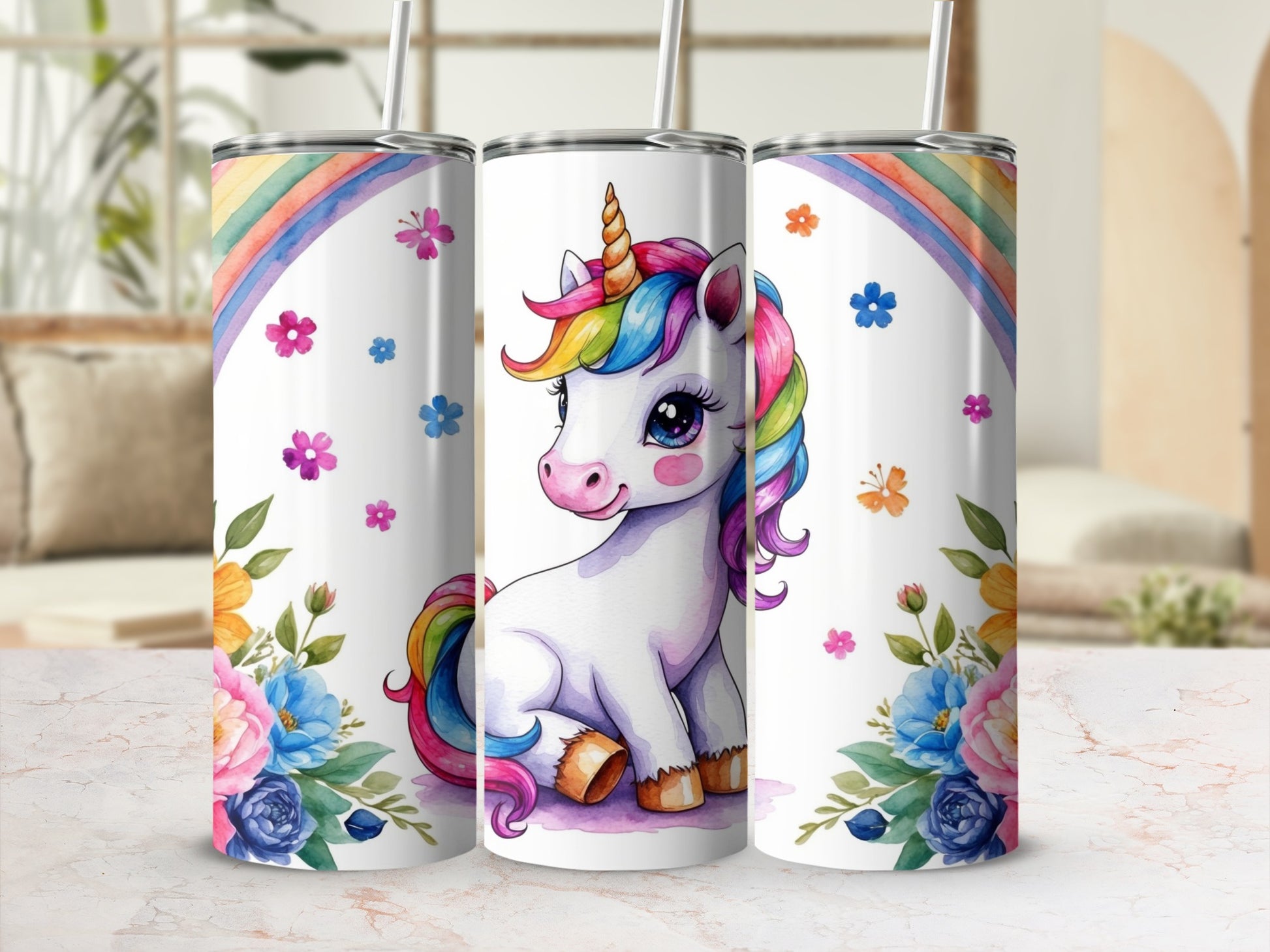 White unicorn with rainbow mane and tail, surrounded by flowers and rainbow arch.