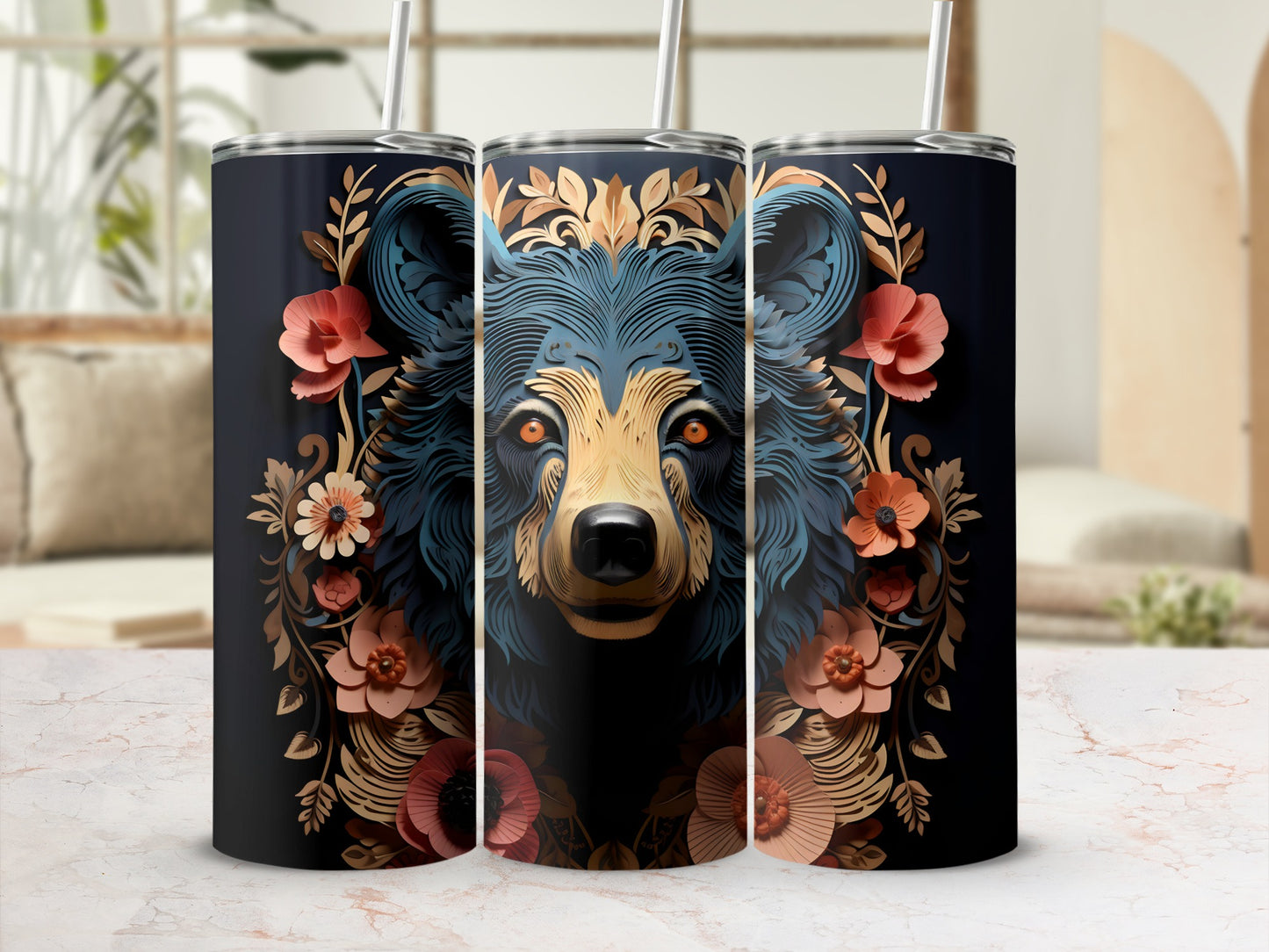 Black bear head with floral accents on a tumbler.