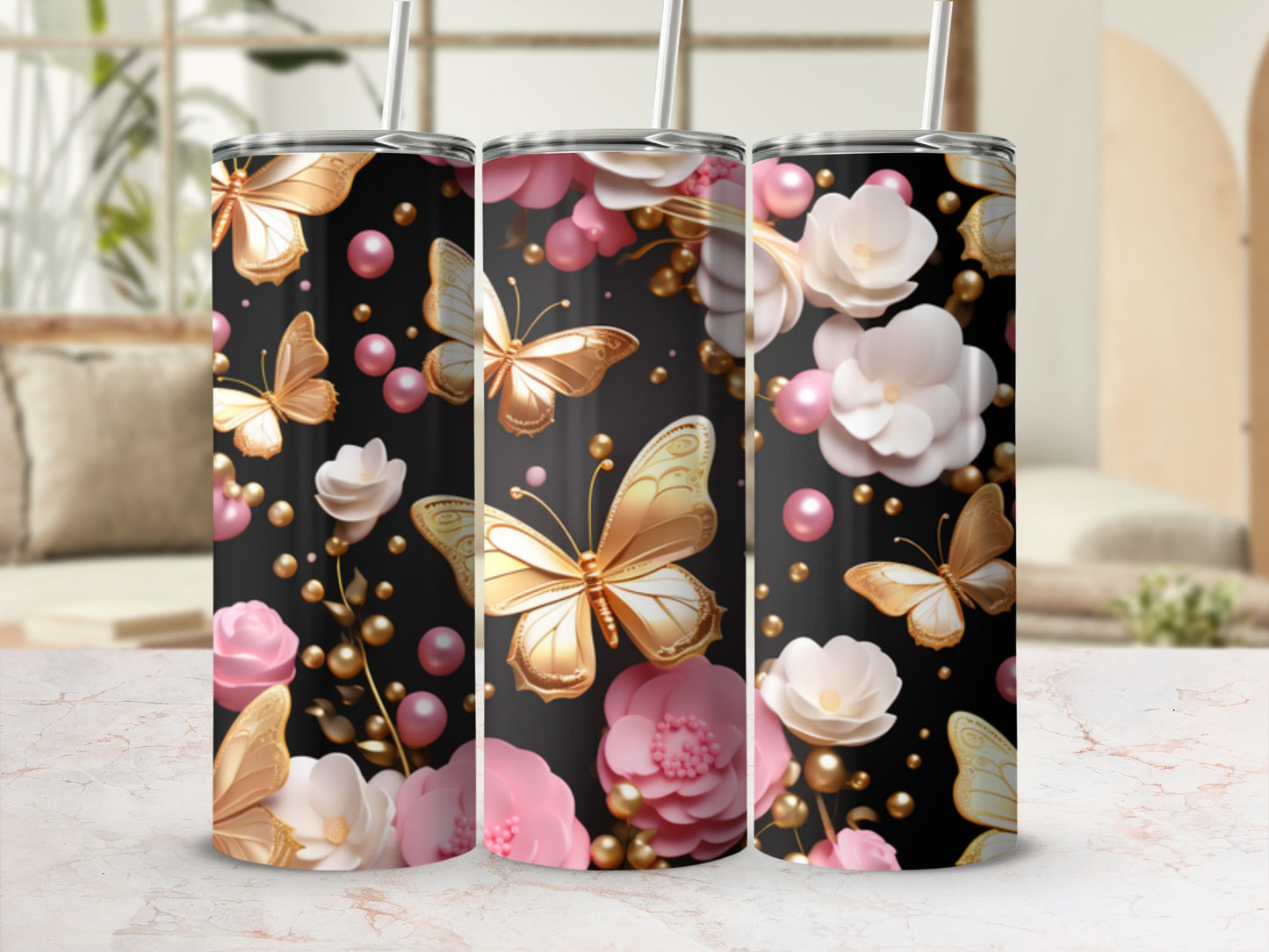 Gold butterflies and pink flowers on a black background tumbler.