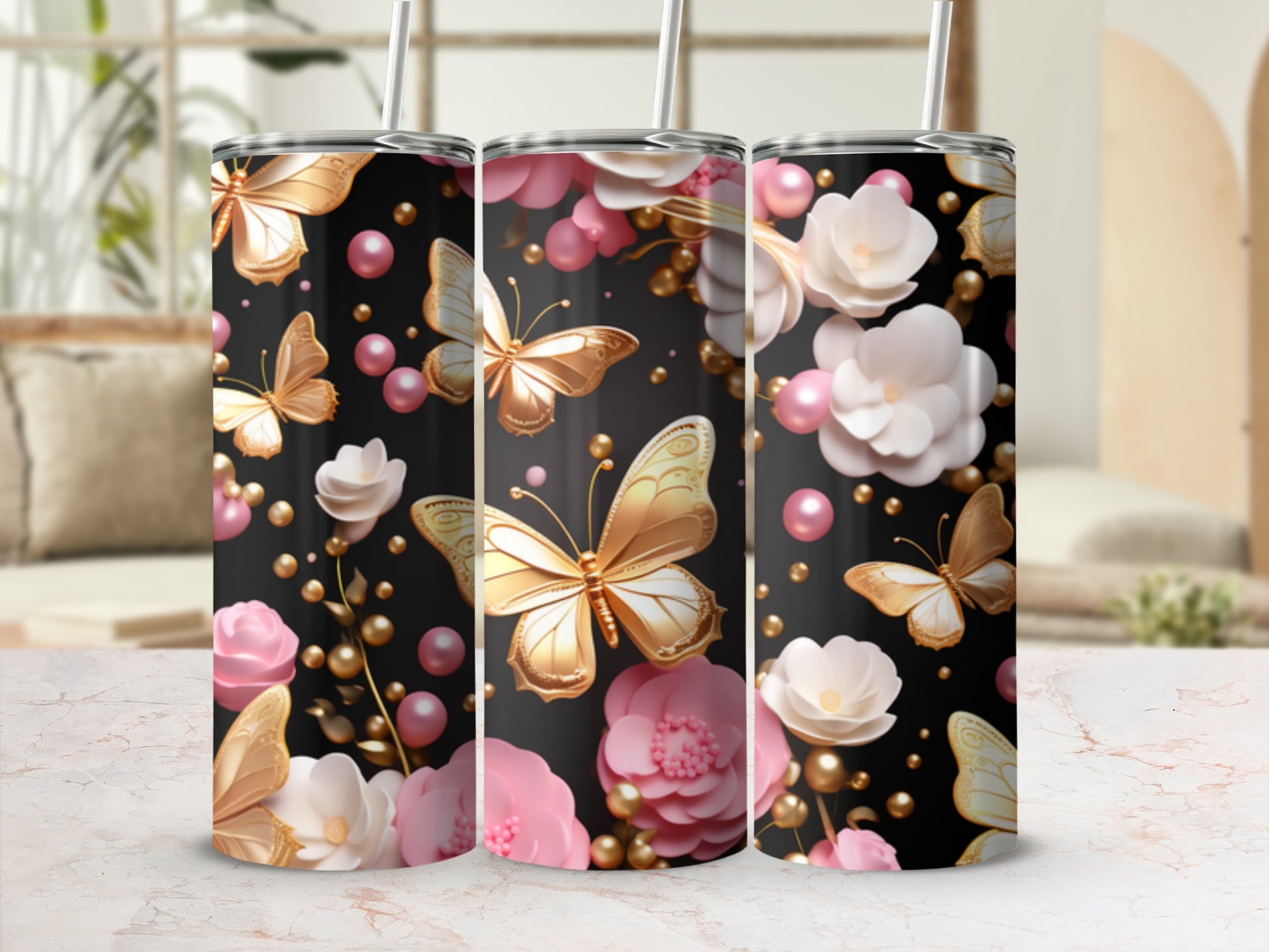 Gold butterflies and pink flowers on a black background tumbler.