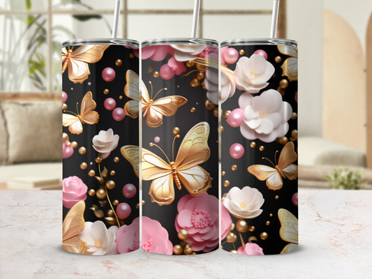 Gold butterflies and pink flowers on a black background tumbler.