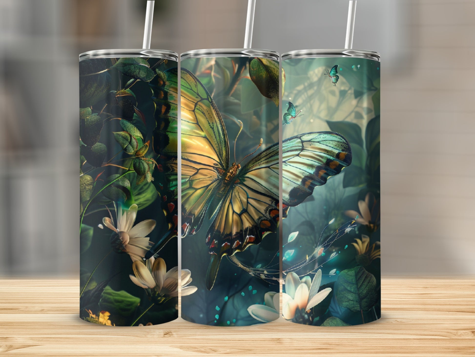 Three tumblers featuring a monarch butterfly on a dark, leafy floral background.