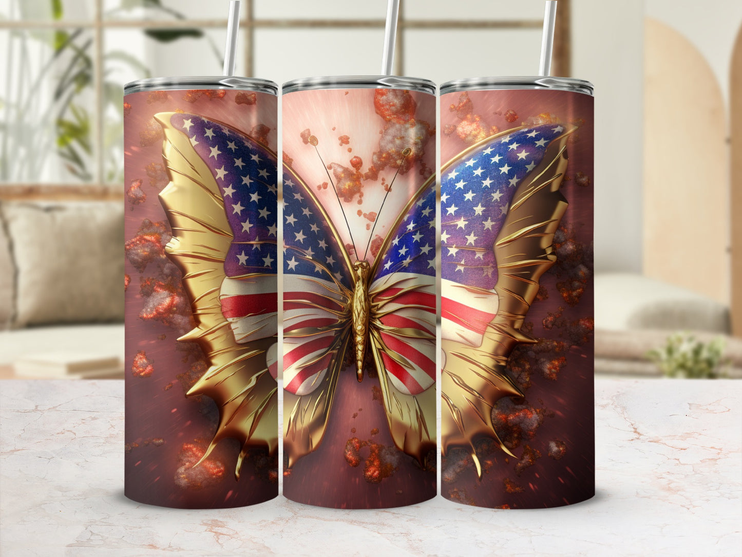 Butterfly tumbler with American flag wings and textured metallic background.
