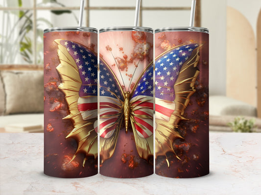 Butterfly tumbler with American flag wings and textured metallic background.