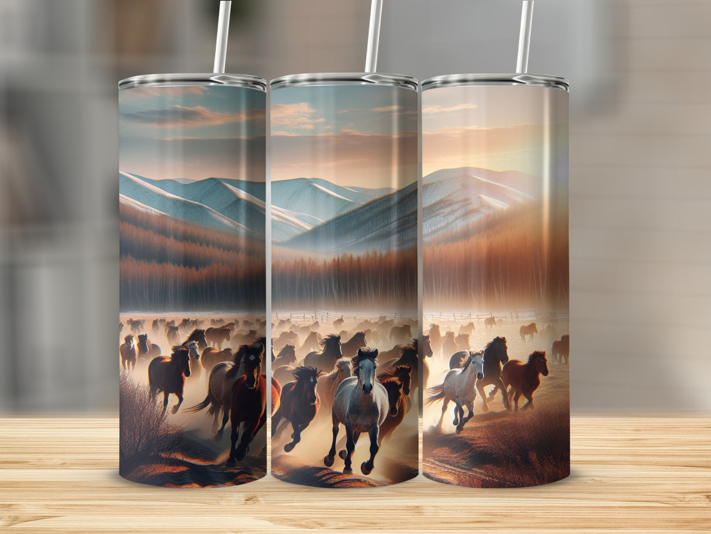 Three tumblers with horses running through a mountainous landscape.