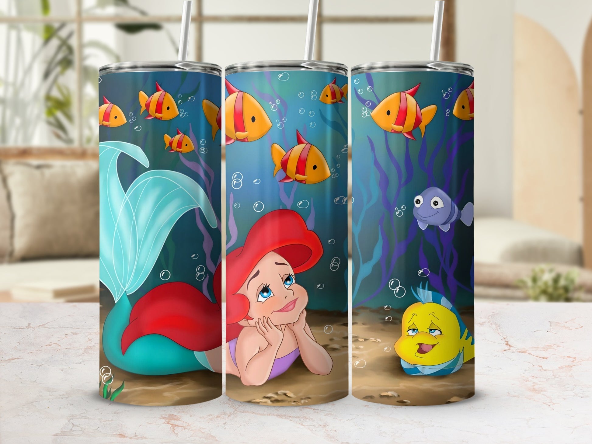 Colorful Cartoon Fish and Mermaid Design Tumbler