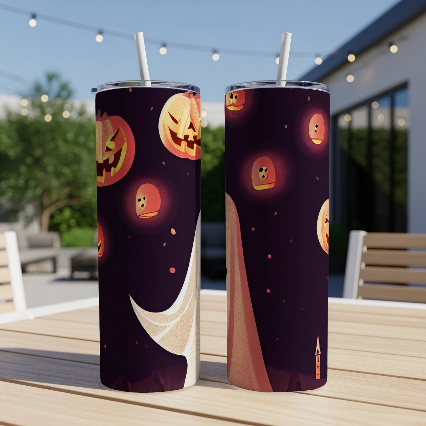 Two tumblers with Halloween jack-o'-lantern and ghost designs on a dark purple background.
