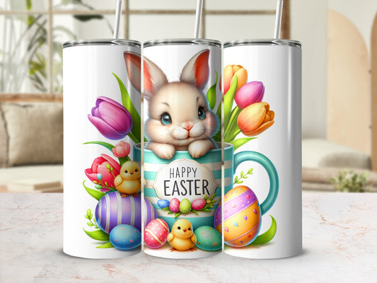 Three Easter-themed tumblers with a bunny, chicks, eggs, and tulips.