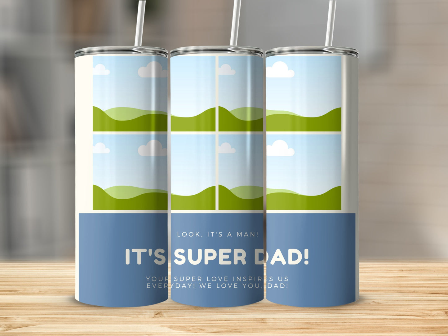 Three tumblers with "IT'S SUPER DAD!" text and landscape graphics.