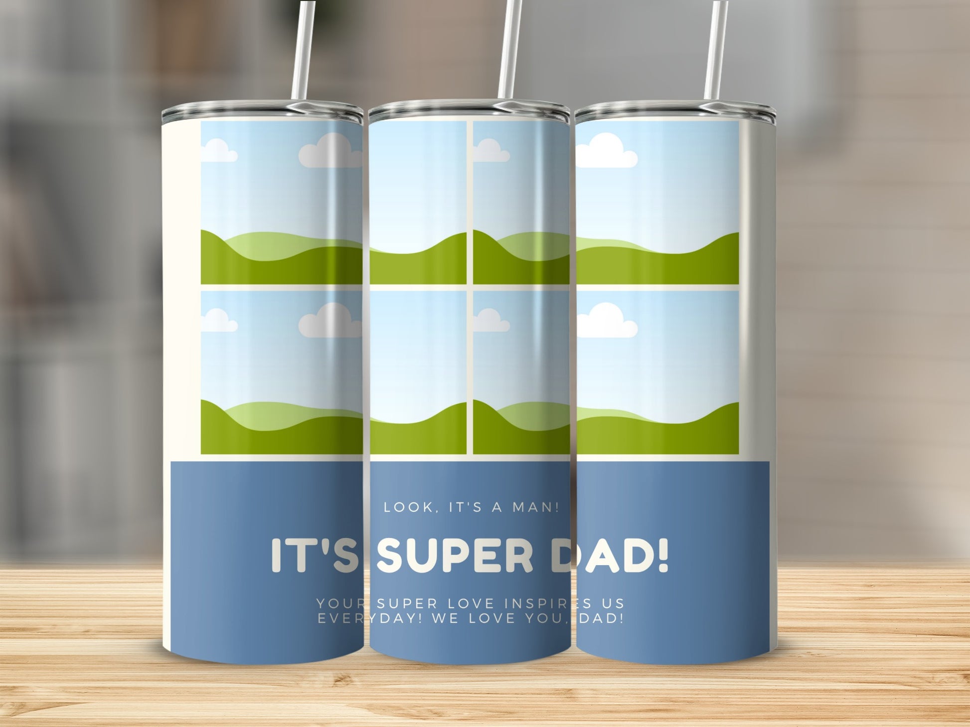 Three tumblers with "IT'S SUPER DAD!" text and landscape graphics.