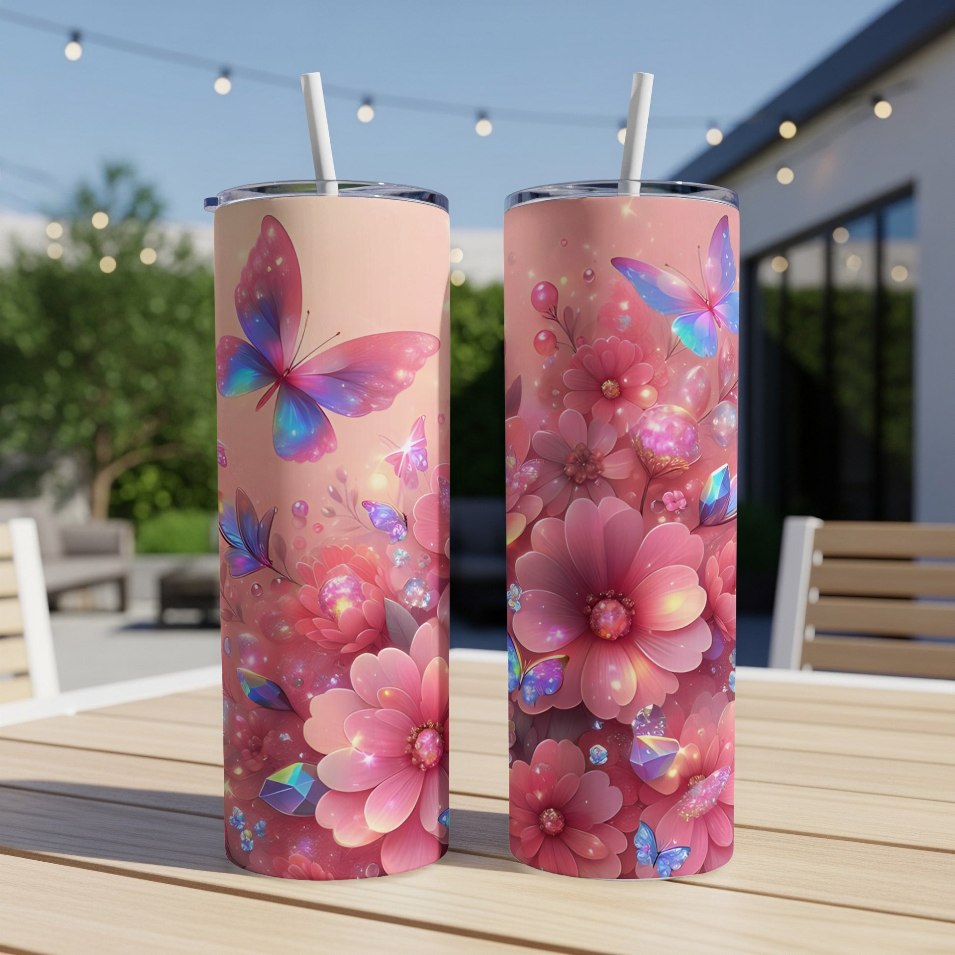 Two pink tumblers adorned with butterflies and floral designs sit on a table.
