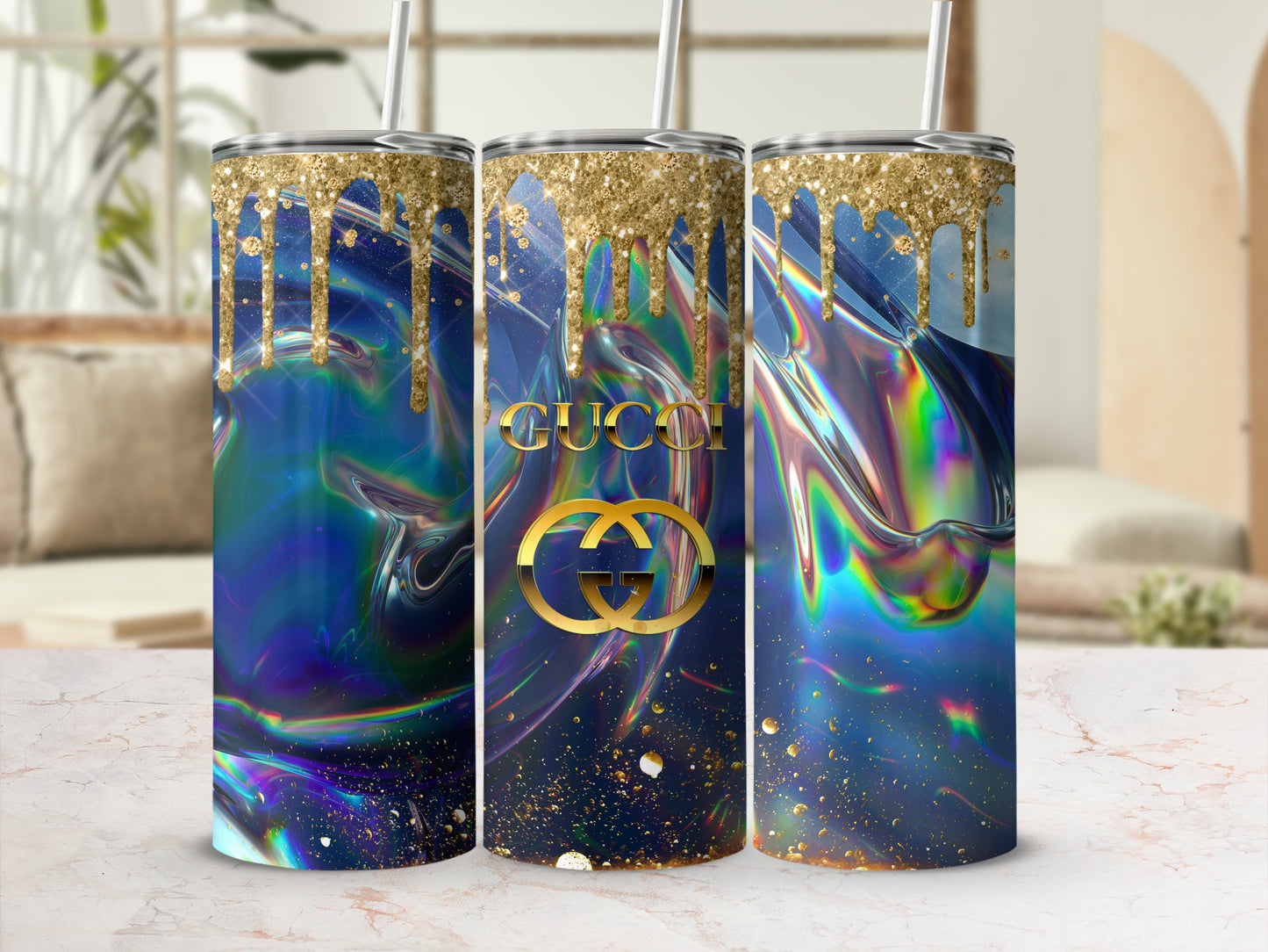 Gold and Iridescent Blue Gucci Tumbler Product