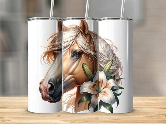 Horse head with lilies on a white tumbler.
