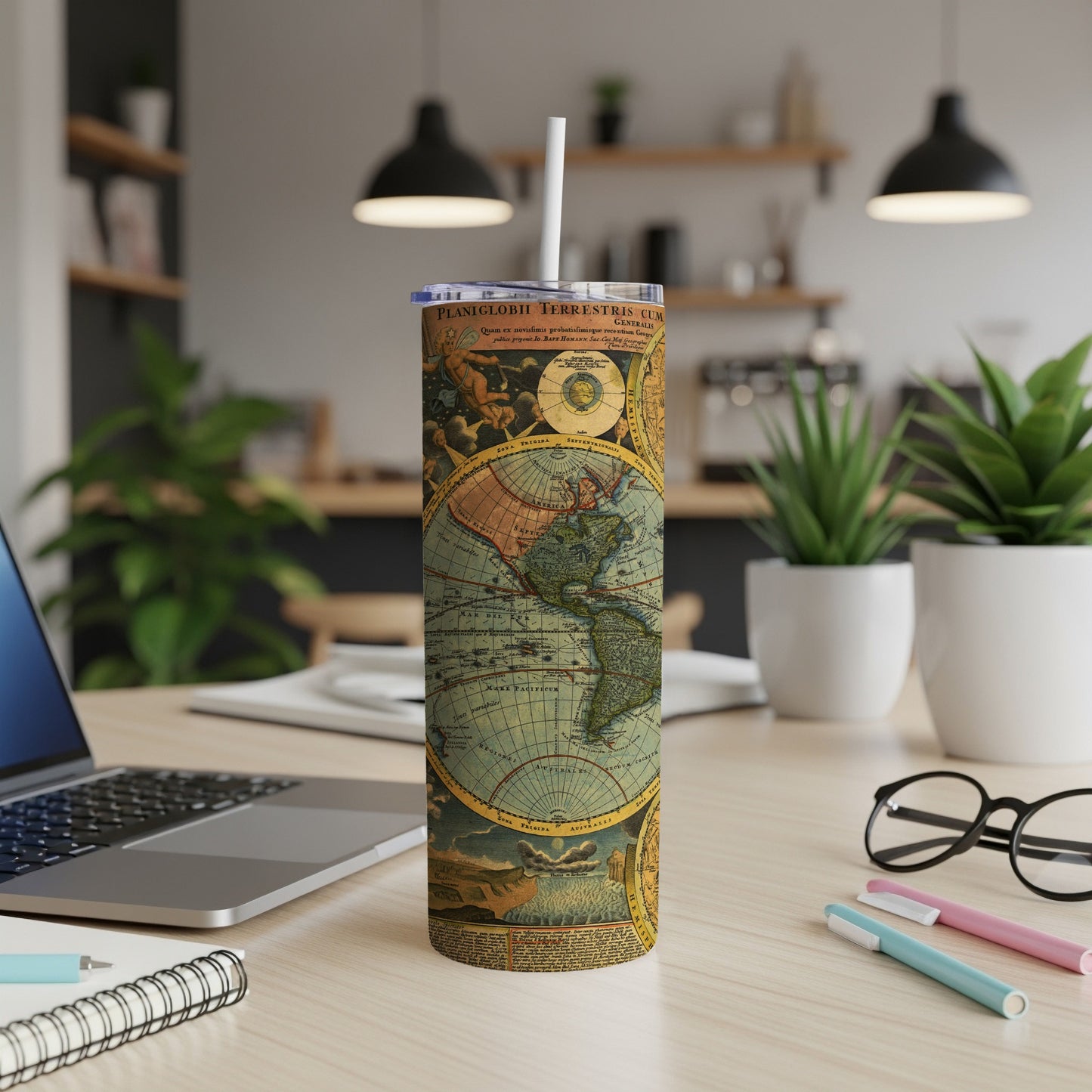 Tumbler with vintage map of the world and text.