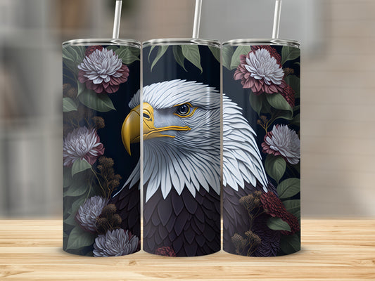Three tumblers with an eagle and floral design.