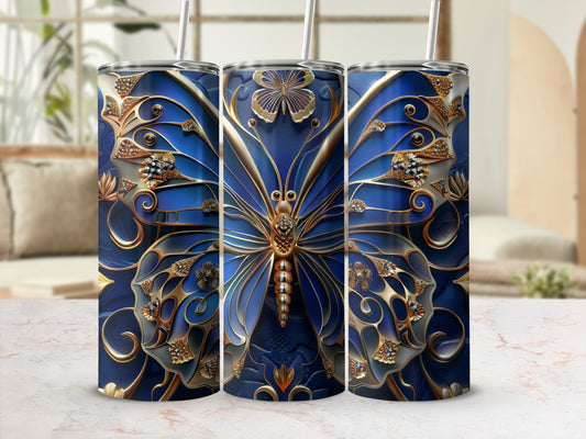 Blue butterfly tumbler with intricate gold and jewel embellishments.