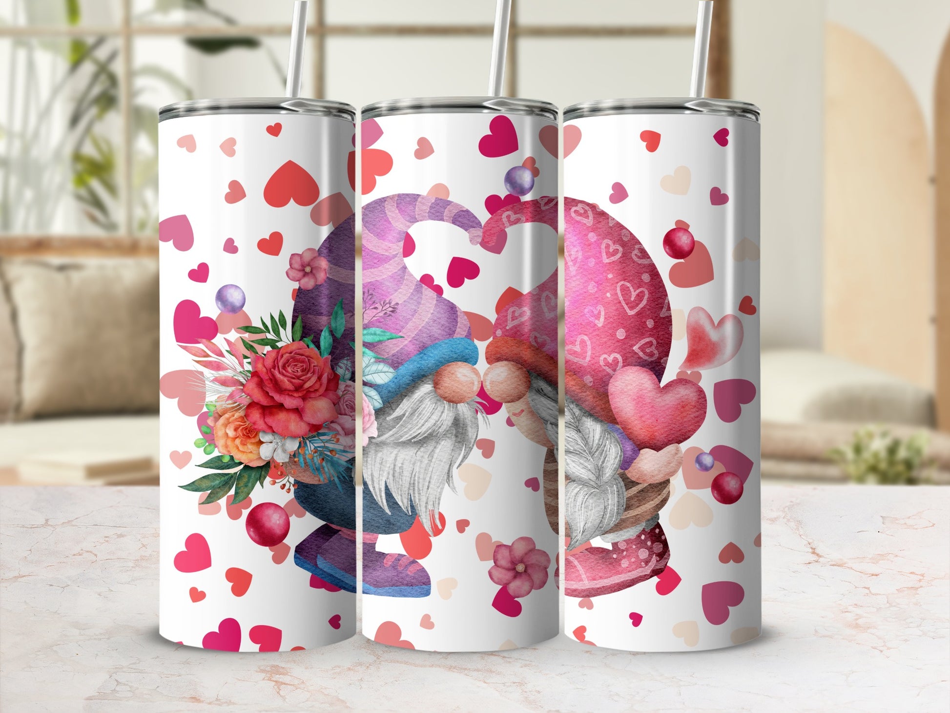 Adorable Gnomes and Hearts Themed Stainless Steel Tumbler