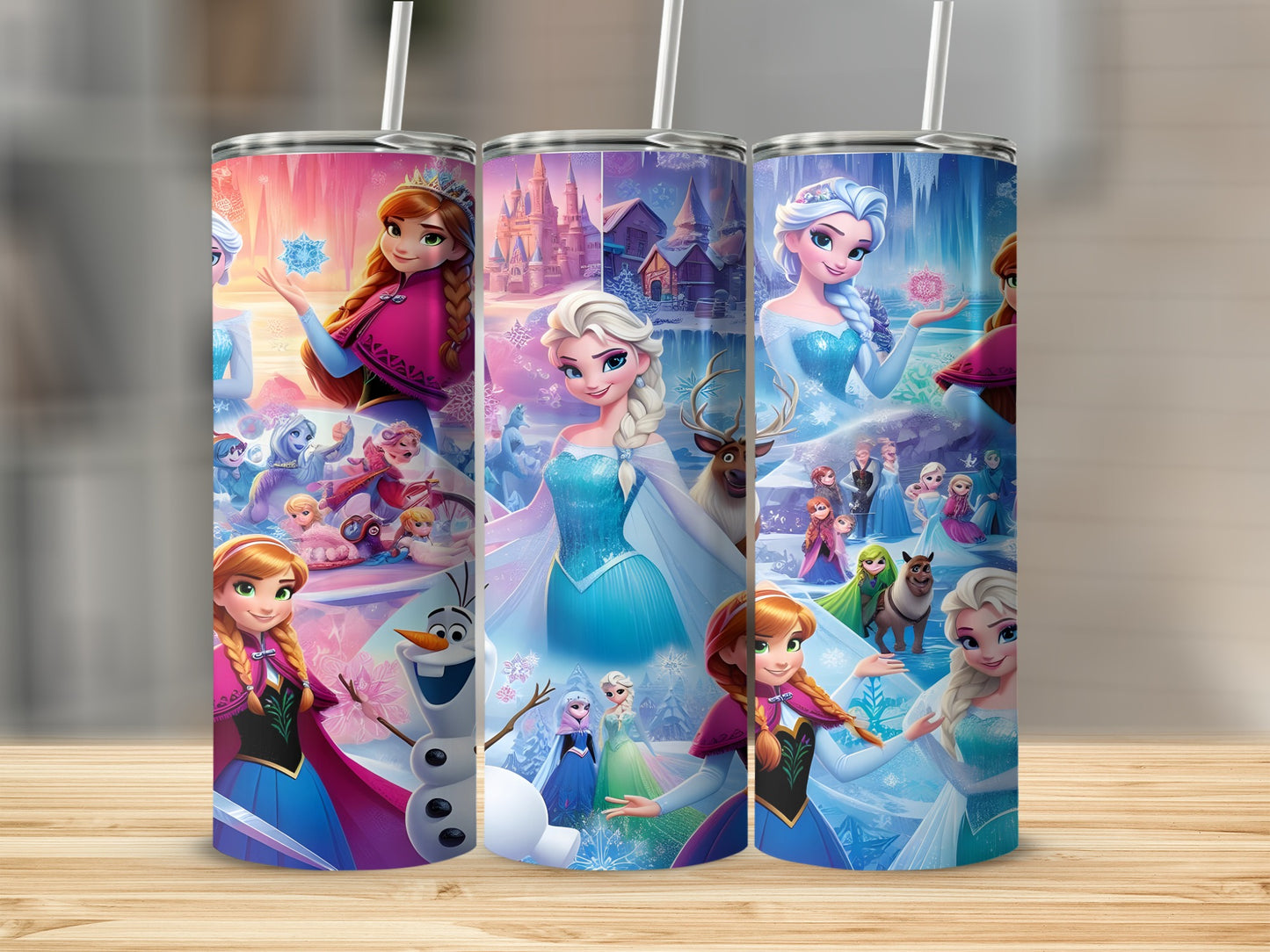 Three tumblers featuring Elsa, Anna, Olaf, and Kristoff from Frozen.