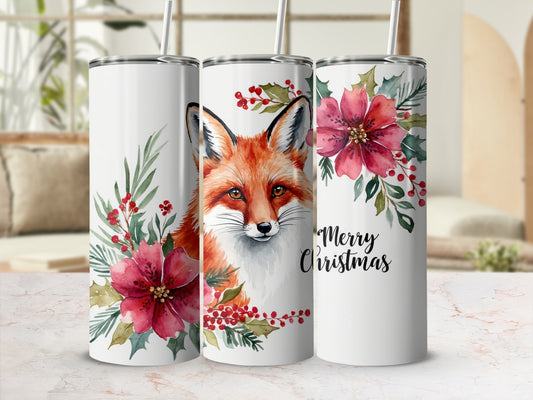 Fox and floral design on white tumblers, with "Merry Christmas" text.