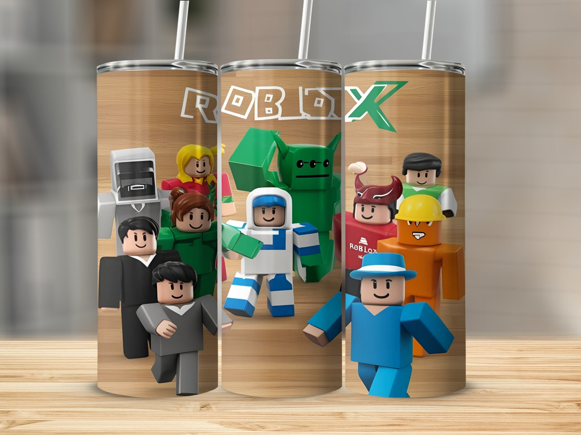 Roblox characters on a wooden background, featuring a blue and white figure.