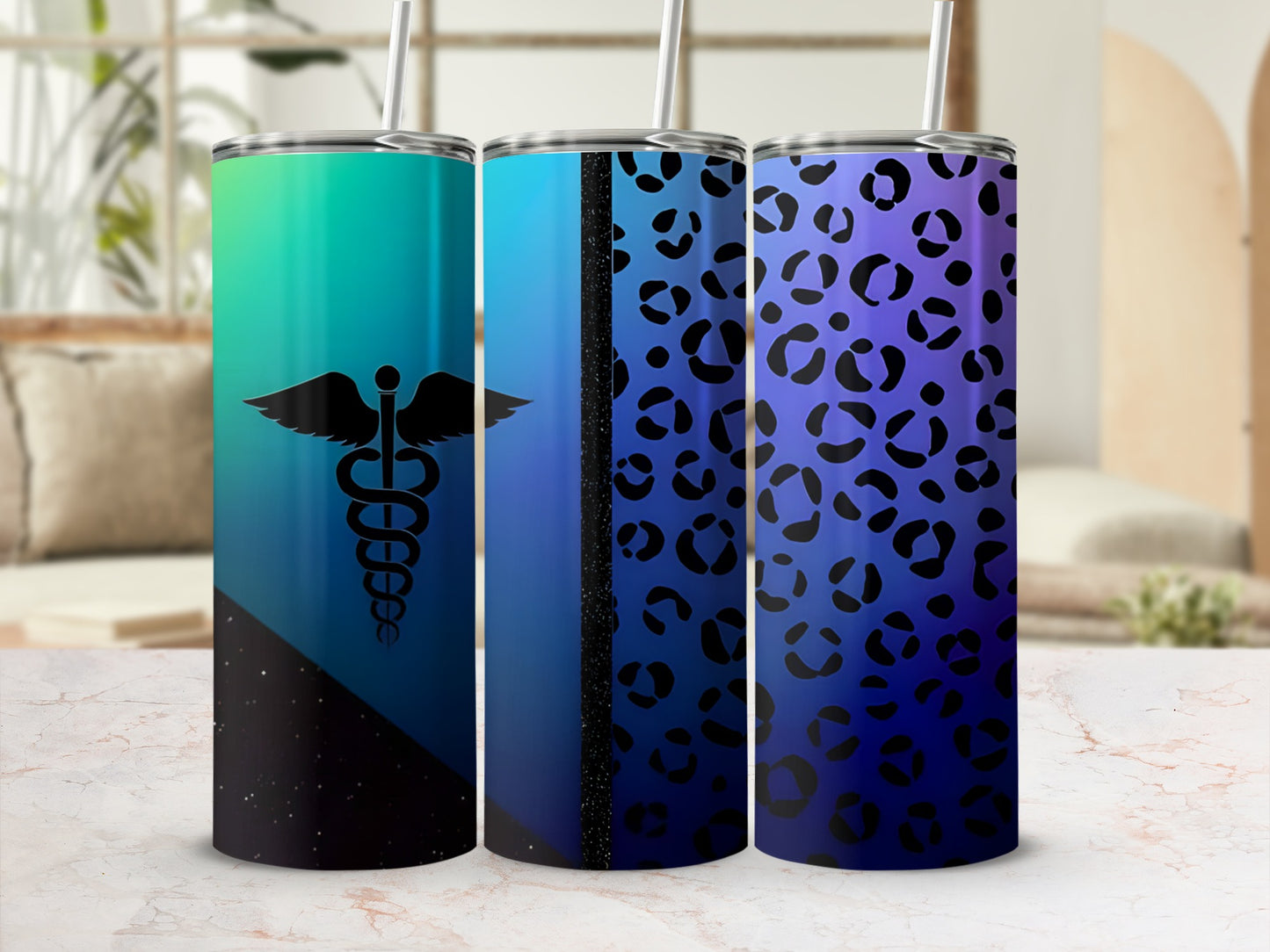 Three tumblers with medical caduceus and leopard print designs.