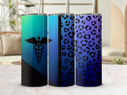 Three tumblers with medical caduceus and leopard print designs.