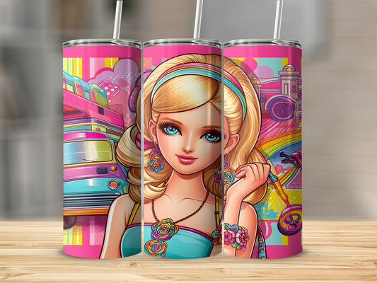 Barbie and pink bus on a pink tumbler with colorful background.
